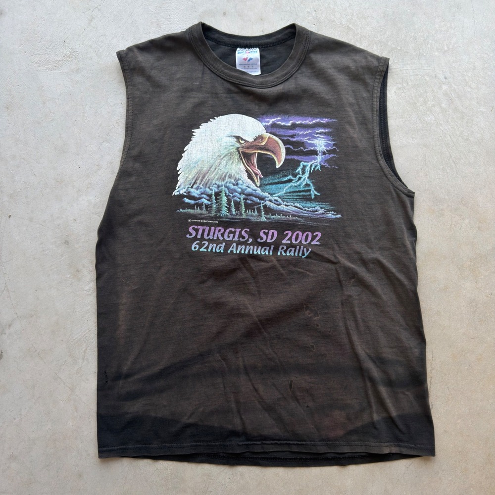 Vintage 2002 Sturgis Biker Rally Eagle Sleeveless T-Shirt Black Faded Mens M